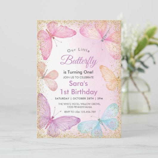 第1回バースデーガールグリッターバタフカラフルロー 招待状 (スタンド正面)