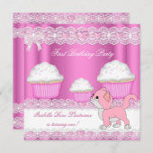 第1回バースデーガールピンクカップケーキベビー子猫 招待状 (正面/裏面)