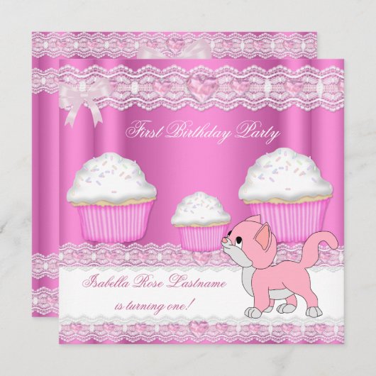 第1回バースデーガールピンクカップケーキベビー子猫 招待状 (正面/裏面)