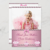 第1回バースデーガールピンクカップケーキベビー 招待状 (正面/裏面)