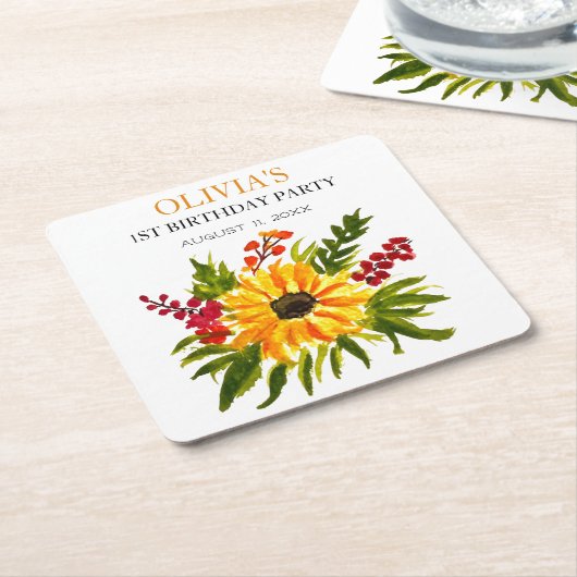 第1回バースデーパーティーひまわり赤ちゃん女の子 スクエアペーパーコースター (アングル)