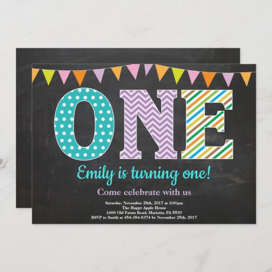 第1回バースデー招待状ガールチャルクボード 招待状 (正面/裏面)