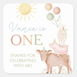 第1回バースデー農園動物納屋周囲の庭パーティーの好意 スクエアシール