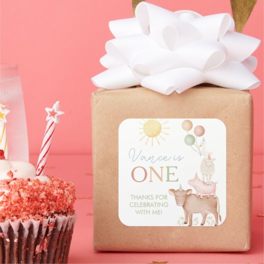 第1回バースデー農園動物納屋周囲の庭パーティーの好意 スクエアシール (パーティー)