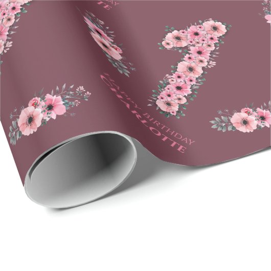 第1回ビッグ誕生日ガールピンク花緑 ラッピングペーパー (ロールコーナー)