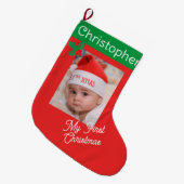 第1回ベビーの写真名前をカスタムする少年または少女 ラージクリスマスストッキング (正面 (吊り時))