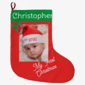 第1回ベビーの写真名前をカスタムする少年または少女 ラージクリスマスストッキング (正面)