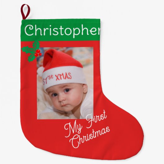 第1回ベビーの写真名前をカスタムする少年または少女 ラージクリスマスストッキング (正面)