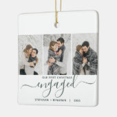 第1回婚約したクリスマス3フォトグリーンスクリプト セラミックオーナメント (左)