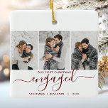 第1回婚約したクリスマス3写真Burgundy Red Script セラミックオーナメント<br><div class="desc">この美しい記念婚約であなたのモダンオーナメントを記念しなさい。赤い読文字の「私たちの初めてのクリスマス婚約した」は、手書き文字の中で「婚約した」とエレガント前後に華々しい言葉を持つ。3つのサンプル画像を縦向きお気に入りのの写真に置き換え、白い背景に名前と年をバーガンディ文字で追加する。</div>