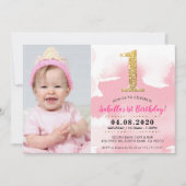 第1回生誕祭パーティー招待状金ゴールドグリッターピンク 招待状 (正面)