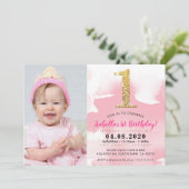 第1回生誕祭パーティー招待状金ゴールドグリッターピンク 招待状 (スタンド正面)