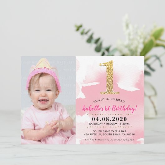 第1回生誕祭パーティー招待状金ゴールドグリッターピンク 招待状 (スタンド正面)