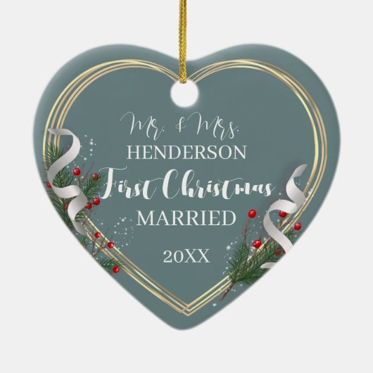 第1回結婚したクリスマス新婚カスタム女の写真 セラミックオーナメント (裏面)