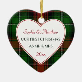 第1回結婚したクリスマス・ギフト – 赤い緑の格子縞 セラミックオーナメント