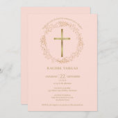 第1回聖体赤面ピンク金ゴールドクロスフローラ 招待状 (正面/裏面)