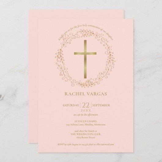 第1回聖体赤面ピンク金ゴールドクロスフローラ 招待状 (正面/裏面)