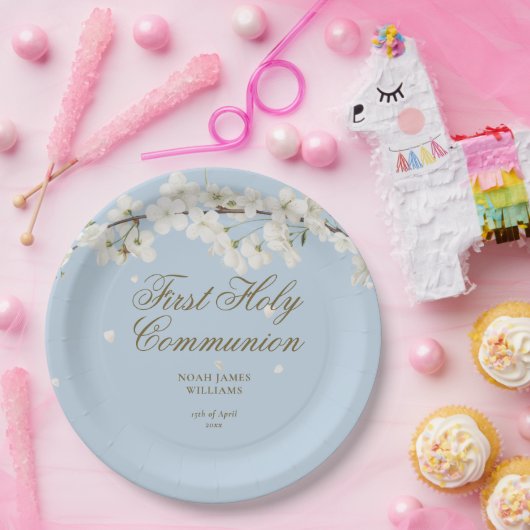 第1回聖餐エレガント会白い花の青 ペーパープレート (パーティー)