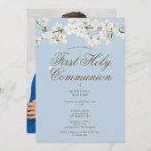 第1回聖餐式ホワイトブロッサムブルー写真 招待状 (正面/裏面)