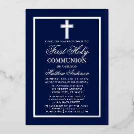 第1回聖餐式十字星海軍ブルーシルバー 箔招待状