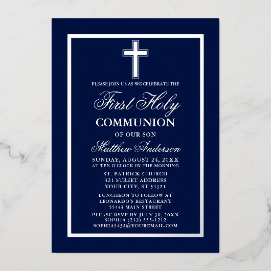 第1回聖餐式十字星海軍ブルーシルバー 箔招待状 (正面)