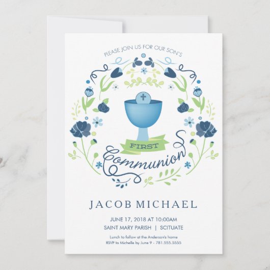 第1回聖餐招待状ボーイズ招待状カード 招待状 (正面)