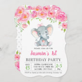 第1回誕生日ガールフローラピンクエレファントパーティー 招待状 (正面/裏面)