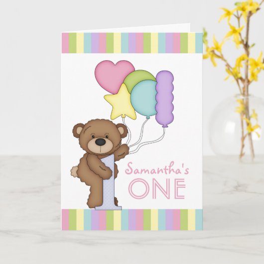 第1回誕生日クマの虹のストライプと風船 カード (黄色い花)