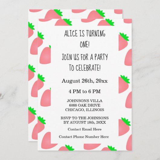 第1回誕生日ストロベリーピンクベビーガール2024 招待状 (正面/裏面)