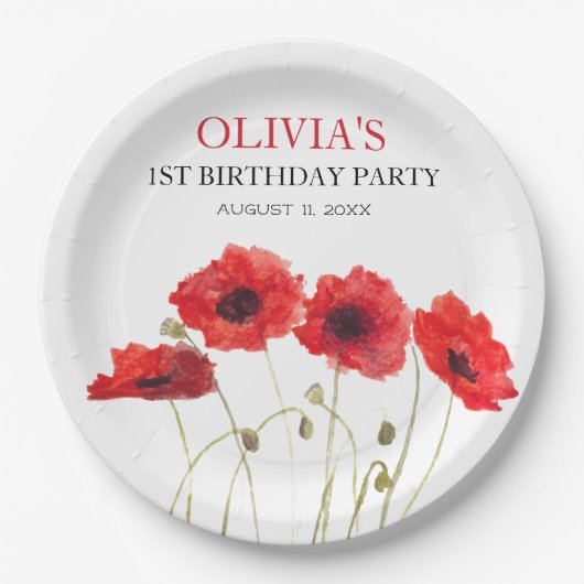 第1回誕生日パーティーポピー赤ちゃん女の子 ペーパープレート (正面)