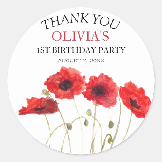第1回誕生日パーティーポピー赤ちゃん女の子 ラウンドシール (正面)