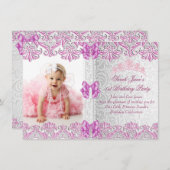 第1回誕生日パーティー女子ピンク写真プリンセス 招待状 (正面/裏面)