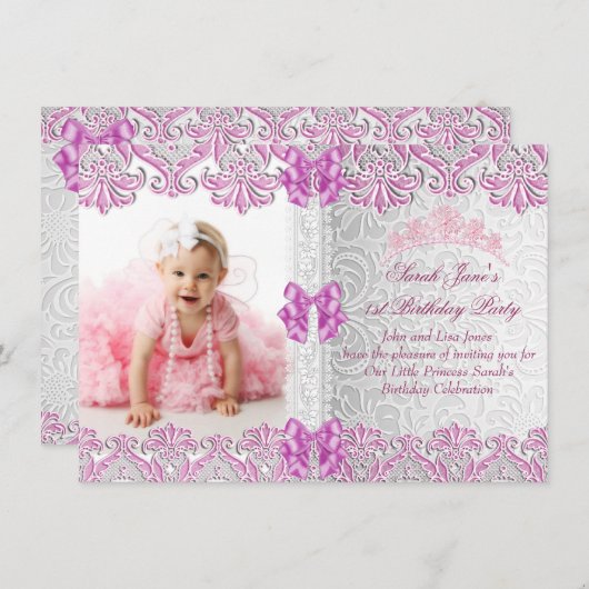第1回誕生日パーティー女子ピンク写真プリンセス 招待状 (正面/裏面)