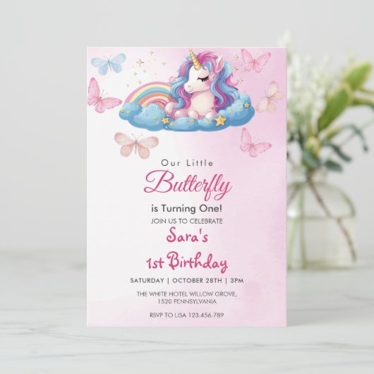 第1回誕生日ユニコーンピンクバタフライ 招待状 (スタンド正面)