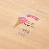 第1回誕生日ワンハッピーガールピンクアイスクリーム アクリル招待状 (レイダウン)