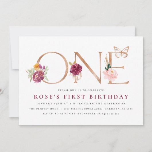 第1回誕生日招待状|サフランバラバタフライ 招待状 (正面)