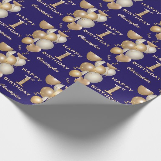 第1回誕生日海軍青と金ゴールドグリッター気球 ラッピングペーパー (角)