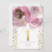 第1回1回バースデーパーティーピンク&金ゴールドモダンフローラ 招待状 (正面)