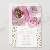 第1回1回バースデーパーティーピンク&金ゴールドモダンフローラ 招待状 (裏面)