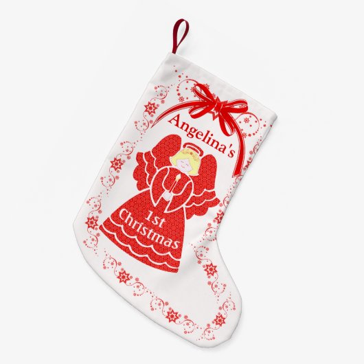 第1女の赤ちゃんの名前をカスタムするのためのクリスマスの天使 スモールクリスマスストッキング (正面 (吊り時))