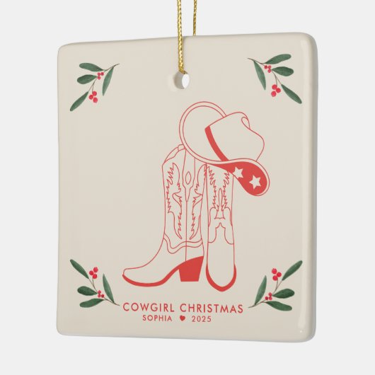 第1女性のカーボーイクリスマスかわいいカウボーイブーツ セラミックオーナメント (左)