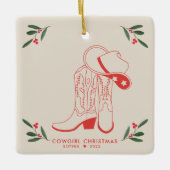 第1女性のカーボーイクリスマスかわいいカウボーイブーツ セラミックオーナメント (正面)