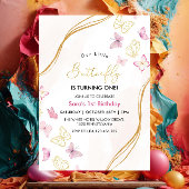 第1期の誕生日ピンクと金ゴールド蝶テーマ 招待状