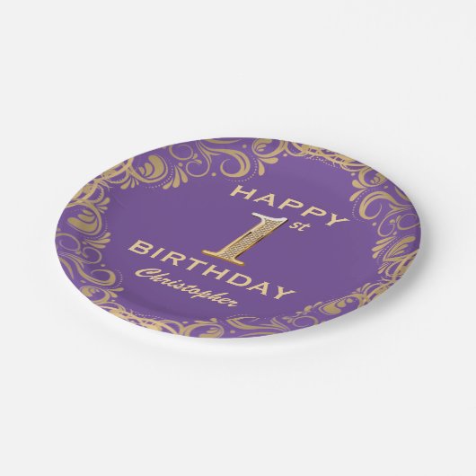 第1期パーティー紫と金ゴールドグリッター枠 ペーパープレート (アングル)