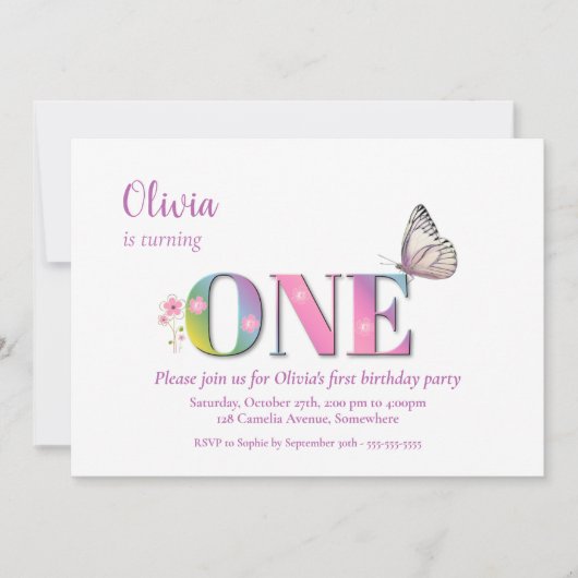 第1期ピンクのレインボーフラワーズ&バタフライパート 招待状 (正面)