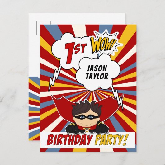 第1漫画ブックスーパーヒーロー風バースデーパーティー インビテーションポストカード (正面/裏面)
