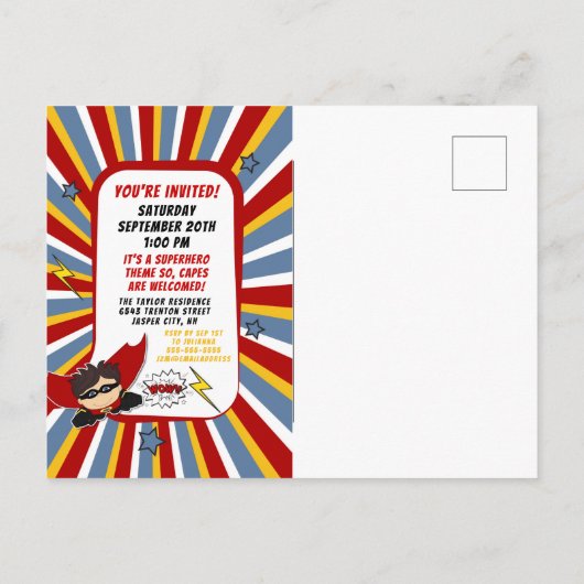 第1漫画ブックスーパーヒーロー風バースデーパーティー インビテーションポストカード (裏面)