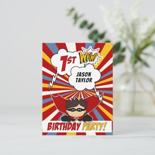 第1漫画ブックスーパーヒーロー風バースデーパーティー インビテーションポストカード (スタンド正面)
