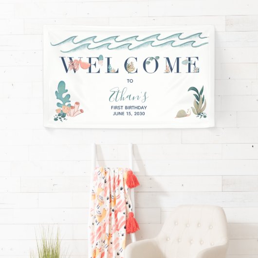 第1男の赤ちゃんかわいい水色ブルー海へようこそ 横断幕 (インサイチュ)