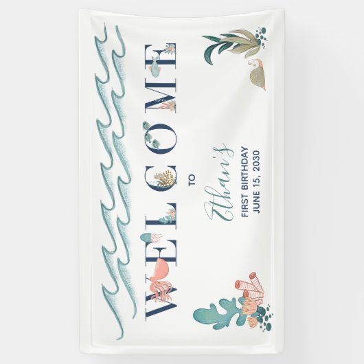 第1男の赤ちゃんかわいい水色ブルー海へようこそ 横断幕 (縦)
